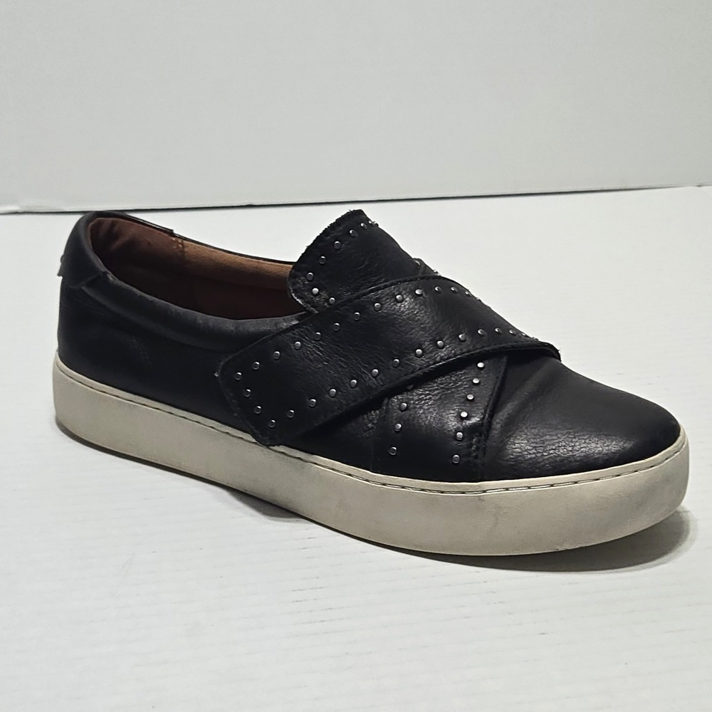 Frye Nina Black Leather Studded Slip On Sneaker Women's 8.5M Crisscross 3471016
